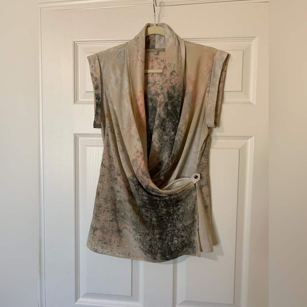 Joan Vass Abstract Print Draped Neckline Top Large Chic Artsy Feminine